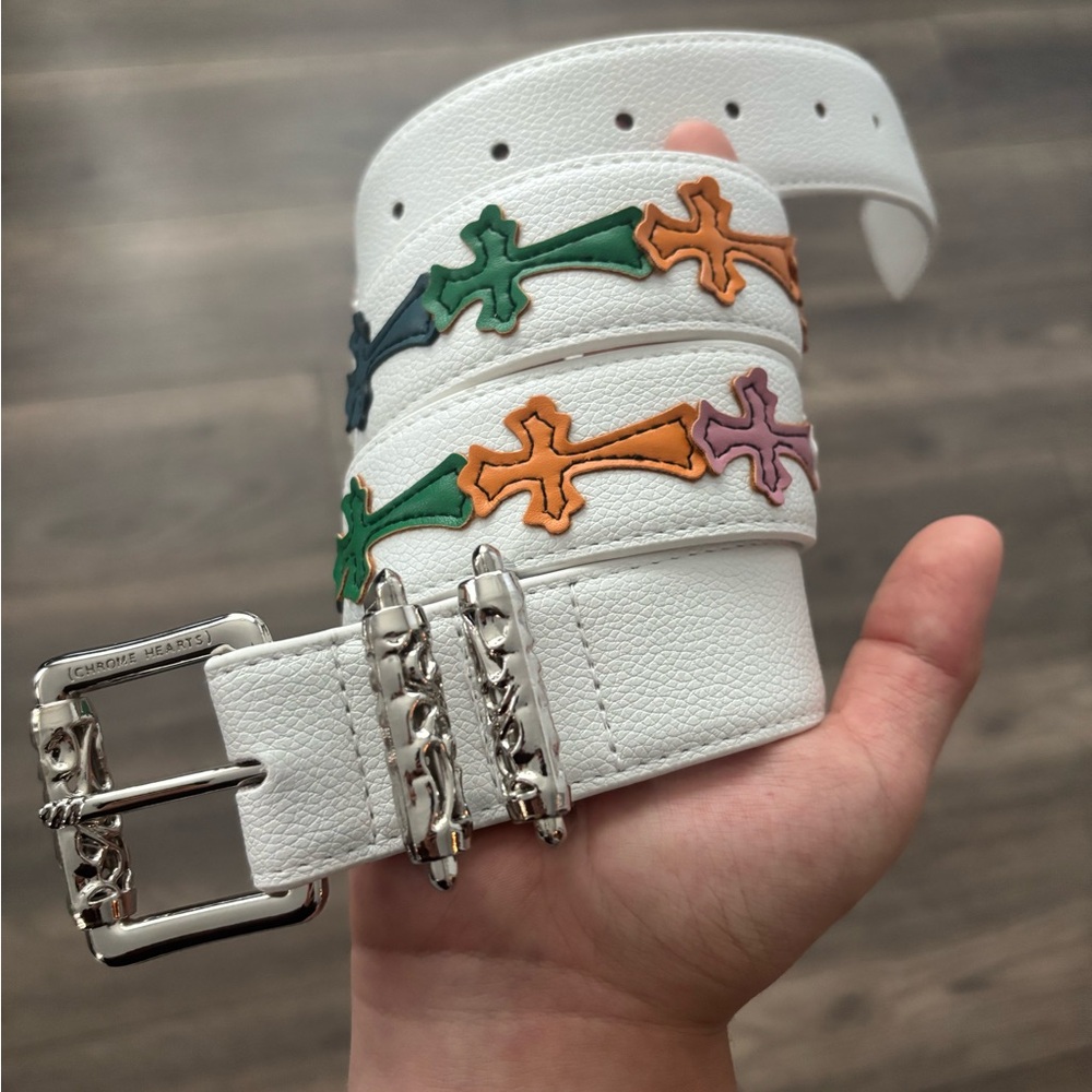 Nice white belt with beautiful multi-colored crosses on it